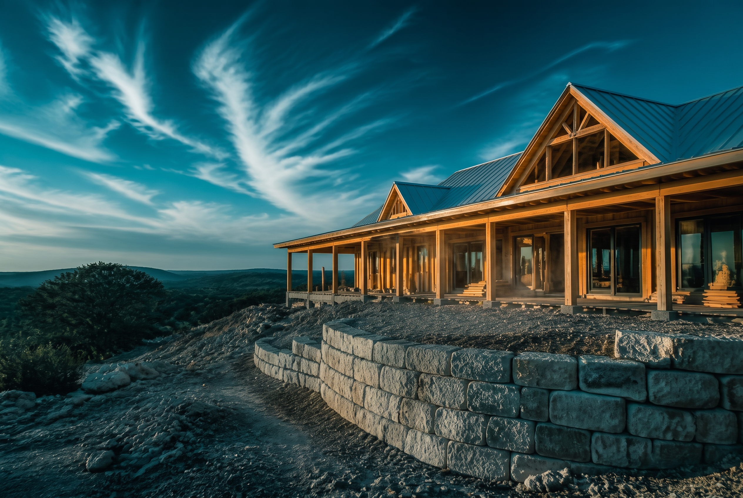 Teal-graded Texas Hill Country ranch home under construction with a cut limestone retaining wall